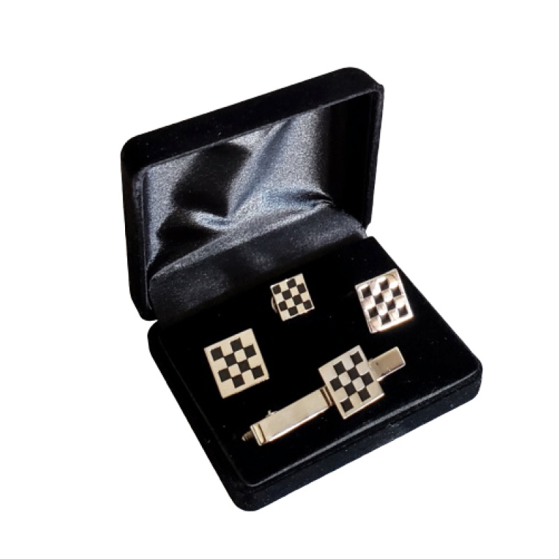 Masonic checkered lapel pin cufflink and tie bar set chrome plated