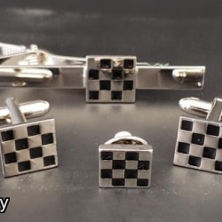 Masonic checkered lapel pin cufflink and tie bar set chrome plated