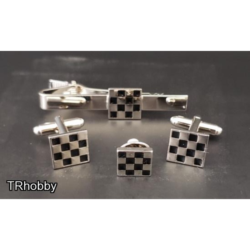 Masonic checkered lapel pin cufflink and tie bar set chrome plated